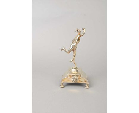 A silver plated model of Mercury, modelled upright upon a plinth base with lion mask motifs and raised on four bun feet, 27cm