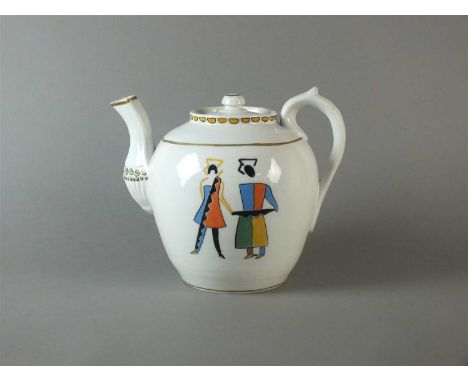 A Ukrainian porcelain teapot and cover by A.F Zussman, circa 1917 painted with a figural design in polychrome after Sonia Del