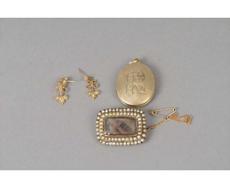 A 19th century seed pearl set mourning brooch, with plaited hair central aperture, engraved to the reverse 'J S Walton', toge