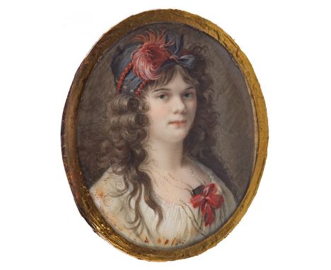 French school ca. 1790."Portrait of a lady.Gouache on vellum.Size: 6,5 x 5 x 0,5 cm.Miniature of oval format representing a F