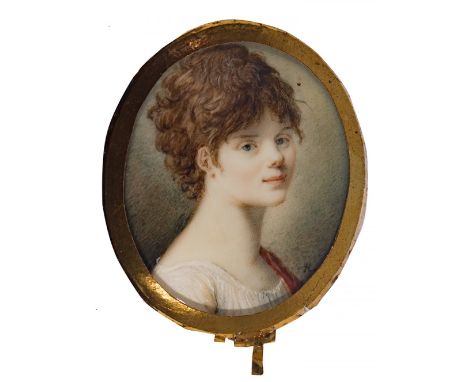 French school of ca. 1810."Portrait of a lady.Gouache on vellum.Size: 4,6 x 4 x 0,5 cm.Miniature of oval format representing 