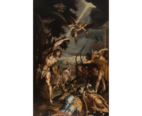 Mannerist school of the late 16th century."The Martyrdom of Saint Sebastian".Oil on canvas. Re-drawn.It presents important fa