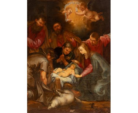 Andalusian school of the second half of the 17th century."The Adoration of the Shepherds".Oil on canvas. Re-coloured.It has r