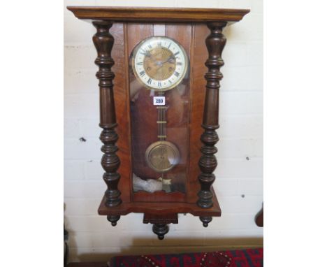 An 8 day regulator clock, with mahogany and pine case, Roman numeral dial, enamel chapter ring, with key and pendulum, overal