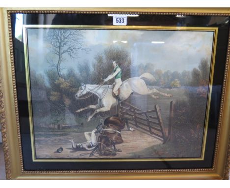 A colourful engraving of a 19th-century horse riding jump gone awry, with a fallen rider with his steed whilst another rider 