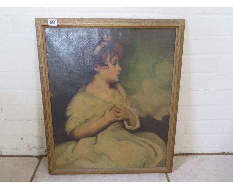 An oil on canvas portrait of a young girl with a ribbon in her hair - sight size 60cm x 50cm - frame size 68cm x 57cm - some 