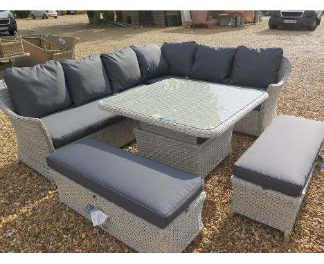 A Bramblecrest Monterey corner sofa set with an adjustable table with a glass top and full cushions - RRP £2,294 