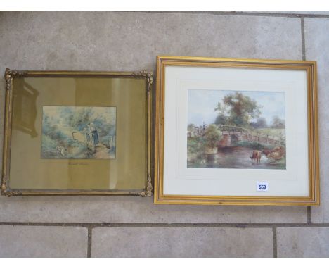 A water colour of Old Boarden bridge signed R Austin in the style of Birket Foster - 22cm x 28cm - and a Birket Foster print 