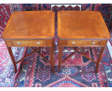 A pair of walnut and cross banded lamp tables - 50cm W x 57cm H x 50cm D - made by a local cabinet maker and in very good con