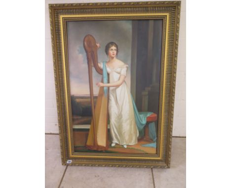 An oil on canvas portrait of a lady and a harp, unsigned - frame size 108cm x 77cm - generally in good condition, minor scuff