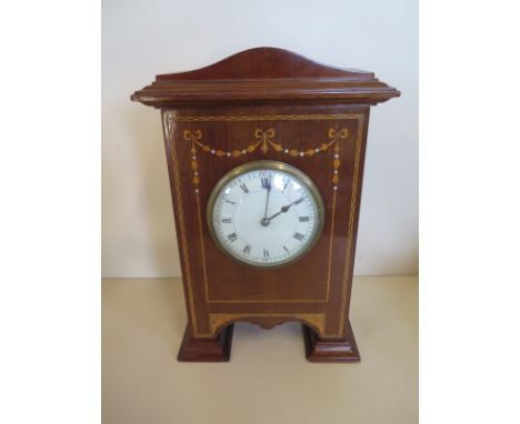 An Edwardian inlaid mahogany mantle clock, 28cm H - in clean running order 