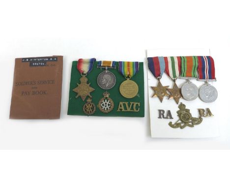 A WWI and a WWII group of medals, comprising a WWI group named SE.10946 Pte. E.H. Hogg Army Veterinary Corps, a 1914-15 Star,