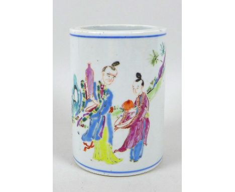 A Chinese Qing Dynasty, 18th century, porcelain sleeve vase or brush pot, famille rose decorated with three figures, Kangxi s