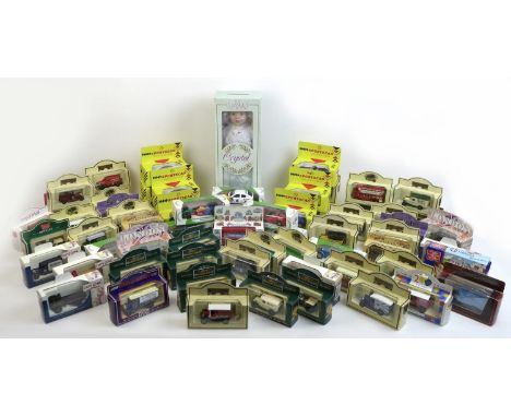 A collection of over fifty die-cast model vehicles, including Lledo, Corgi, Matchbox and Motoring Memories models, all with w