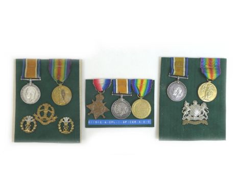 Three groups of WWI medals, comprising a trio of medals for  011016 Pte. I. Spicer Army Ordinance Corps , a 1914-1915 Star, a