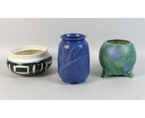 A group of three mid 20th century ceramic vases, comprising a Susie Cooper vase, with blue glaze and incised decoration of fl