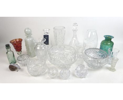 A collection of twenty various glass wares, including a Medina blue and green bottle style vase 9.5cm diameter, 19.5cm high, 