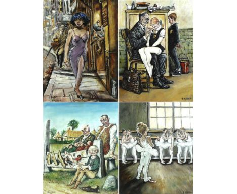 R. A. Carey: four modern oils on board, comprising 'The Decoy', 60 by 45, framed, 67 by 52cm, 'The Old School Master', 60 by 