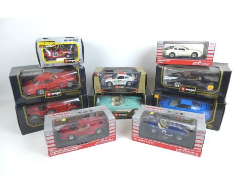 Ten 1/18 and 1/24 scale die cast model cars, comprising seven Burago model cars, including five 1/18 scale models, an Alfa Ro