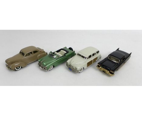 Four Brooklin Collection die cast 1/43 scale models, a No. 43 1948 Packard Station Sedan in cream, a No.27 1957 Cadillac Eldo