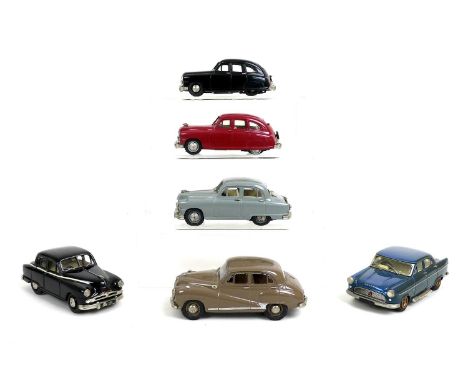 Six 1/43 scale die cast models of classic cars, comprising four Kenna Standard Vanguards, three hatch backs in black, red and