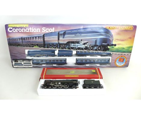 A Hornby OO gauge Coronation Scot 'Super Sound' electric train set, with loco, tender three passenger carriages, track and so
