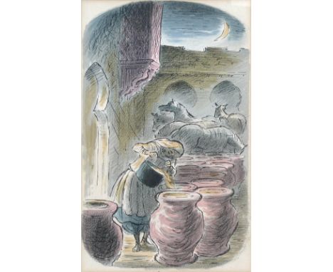 Edward Ardizzone CBE RA (British, 1900-1979): 'Morgiana pours the Oil', lithograph, printer's proof, gallery label verso for 