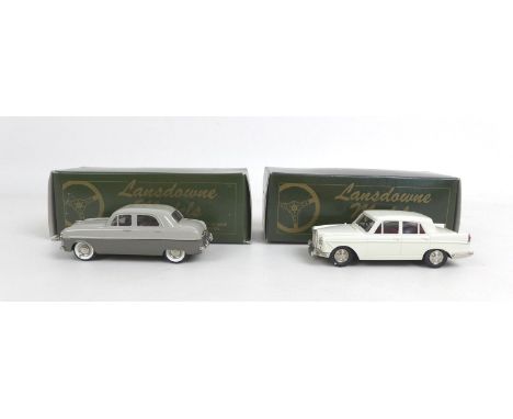 Two Landsdowne Models die cast 1/43 scale classic cars, a 1954 Ford Zephyr Zodiac in two tone grey, and a 1961 Wolseley four 