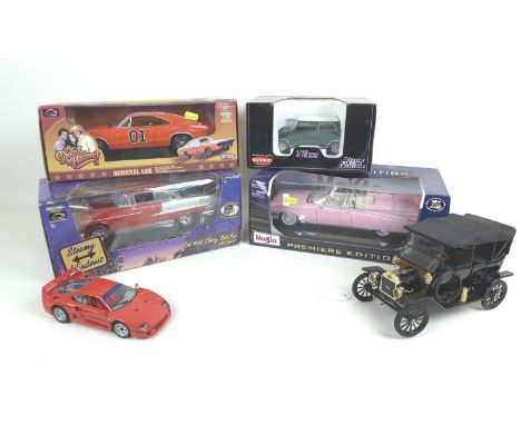 Six 1/18 and 1/24 scale die cast model cars, comprising four 1/18 scale model cars, comprising a RC2 Joyride Dukes of Hazzard