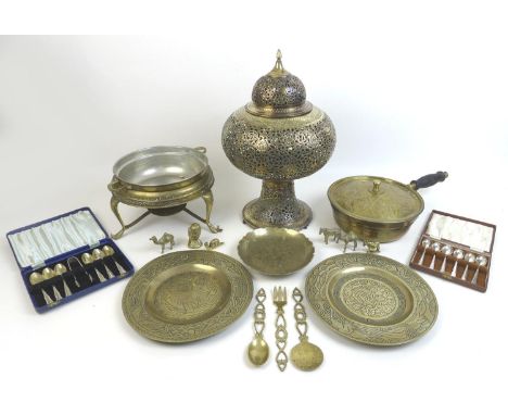 A collection of brass, copper and metal items, including a Persian pierced pendant lamp shade, a copper and white metal tray,