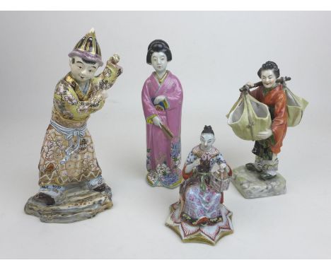 A group of four Oriental figurines, a Hochst style Chinese lady carrying her wares, with cartwheel mark to base '3742', 16 by