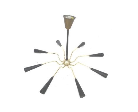 A retro eight branch ceiling light fitting, with brass arms and black cone shaped bulb holders, in the style if Italian Stiln