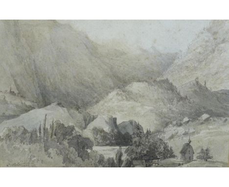 C. R. Robertson (British, 1760-1820): 'Swiss Landscape', pen and ink wash, signed, 14 by 21.5cm, framed, 32 by 38.2cm, togeth
