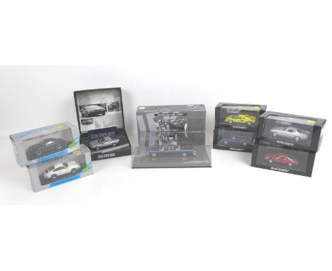 Eight 1/43 scale die cast Minichamps model cars, comprising The Kennedy Car, 1961 Lincoln Continental Presidential Parade Veh