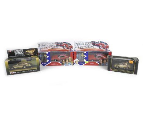 Four Corgi Toys die cast models of famous TV and Film cars, comprising two 1:36 scale Dukes of Hazzard  General Lee Dodge Cha