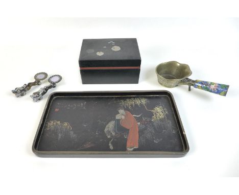 A group of Japanese and Chinese items, comprising a Chinese brass bowl with enamelled handle, cast with dragons, 18cm long, t
