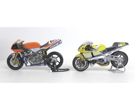 Two 1/12 scale model Minichamps racing motorbikes, a Ducati 996 RS Superbike 2001 Neil Hodgson and a Honda NSR 500 Team Nastr