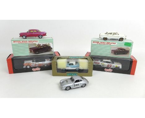 Six 1/43 scale die cast model classic cars, comprising two Model Road Replicas of a Ford Consul Chelsea Cruise in cream and p