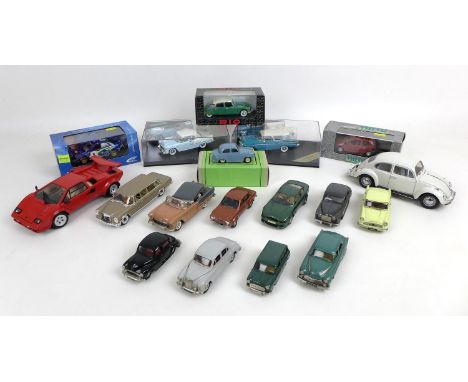 Eighteen 1/43 scale die cast model cars, Comprising two Model Road Reproductions models, a boxed Austin A30 saloon in blue, a