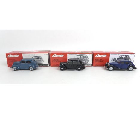 Three Somerville Models 1/43 scale die cast classic cars, an Austin 10 Cambridge in black, a Riley Kestrel in Blue with detac