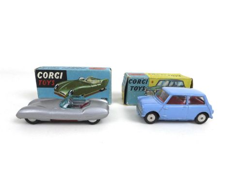 Two Corgi Toys die cast model cars, a Lotus Mark Eleven Le Mans Racing Car (no. 151) in silver and a Morris Mini-Minor (No. 2