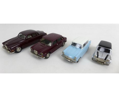 Four 1/43 scale die cast model classic cars, comprising a Gems &amp; Cobwebs 1961-1966 Jaguar Mk. X  in brown, a JMR (Jemini 