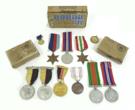 Five WWII medals and other civilian medals, comprising 1939-1945 Star, Italy Star,a Defence medal and two 1939-1945 War medal
