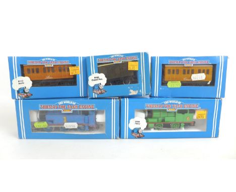 Five Hornby Thomas the Tank Engine OO gauge models, comprising Thomas the Tank Engine 0-6-0 R351, Percy 0-4-0 R350, Annie car