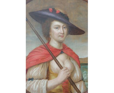 An 18th Century portrait of a lady as a shepherdess, oil on oak panel, restored, unsigned, in a later frame, 45.5 x 43.5 cm s