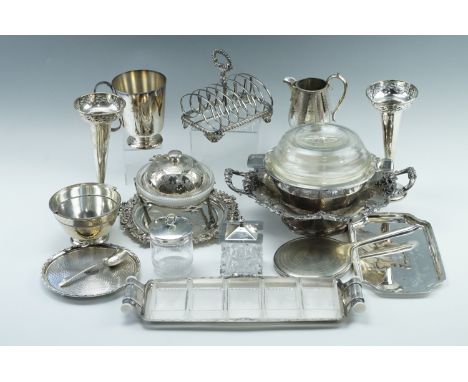 A quantity of Victorian and later electroplate, including an hors d'oeuvre dish, two handled footed dish, trays, preserve pot