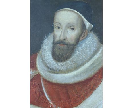 A 16th Century portrait of an Elizabethan Lord Chief Justice, wearing ermine and scarlet robes with a lace ruff, and adorned 