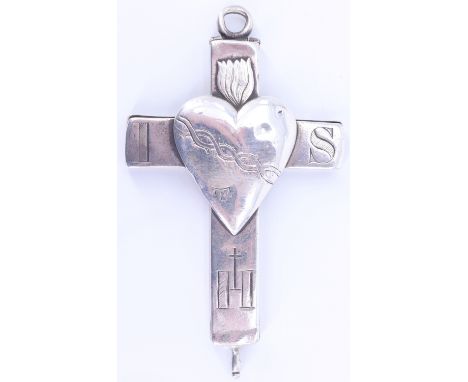 An 18th century French silver pectoral reliquary cross, faced with a Sacred Heart device and engraved initials IHS, verso the