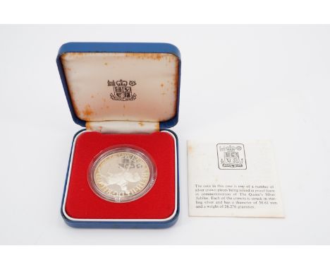 A cased Royal Mint 1977 Queen's Silver Jubilee sterling silver proof crown coin