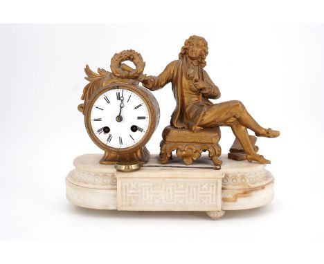 An early 20th Century gilt spelter and alabaster mantle clock, having a Japy Frères drum movement striking on a bell, in a fi